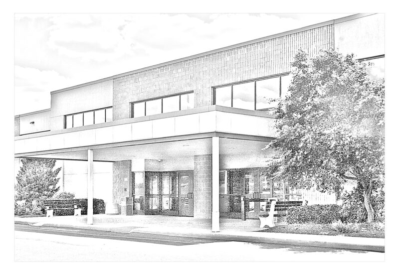 Black and white pencil sketch of the exterior of the BCIU Main Office building.