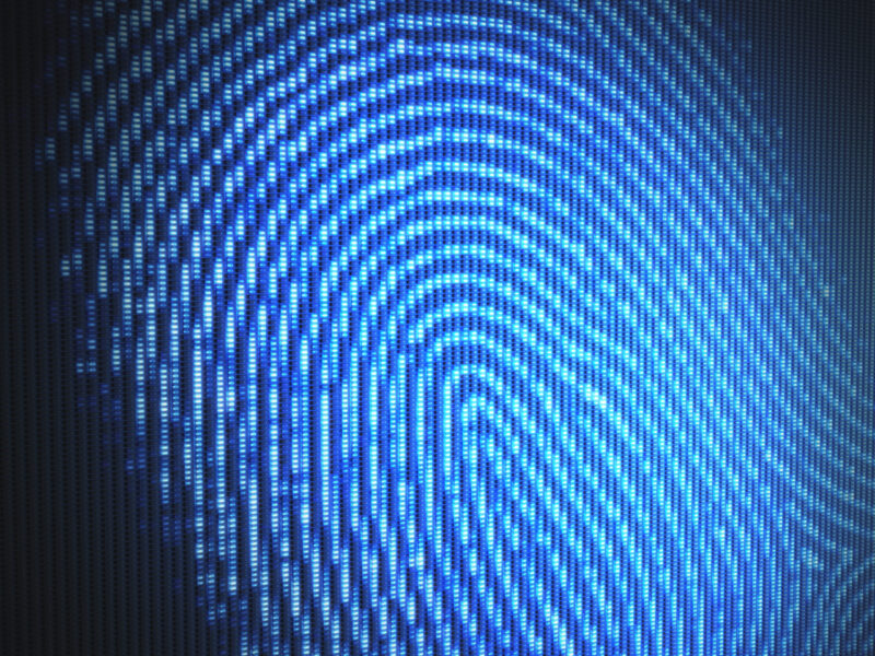 Digital image of a pixelated blue fingerprint on black background.