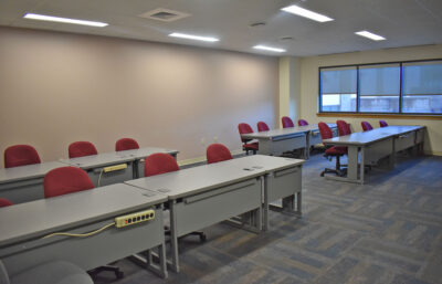 A view of the Allmon room's classroom style setup from the doorway