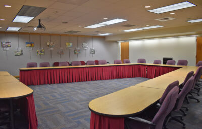 A wide shot of the U-shape of the BCIU Board Room