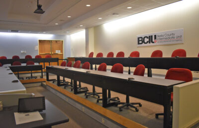 A view of the Hohl Room's tiered seating from the presenter's view