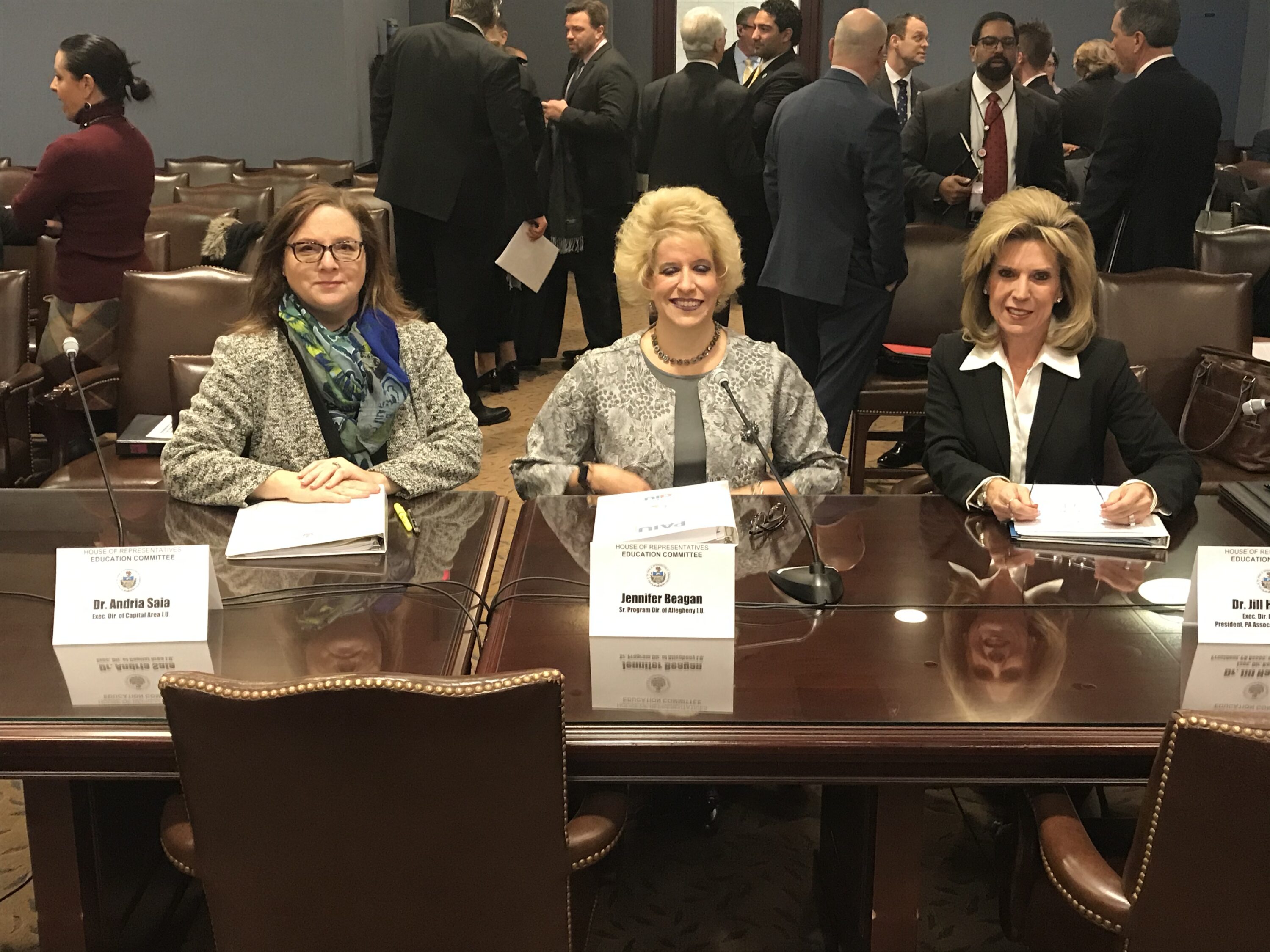 From left to right: Dr. Andria Saia, Executive Director of the Capital Area Intermediate Unit; Ms. Jennifer Beagan, Senior Program Director of the Allegheny Intermediate Unit; and Dr. Jill Hackman, Executive Director of the Berks County Intermediate Unit, testified on behalf of the Pennsylvania Association of Intermediate Units (PAIU) at a House Education Committee meeting on January 21.