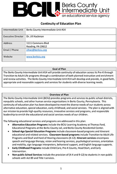 Continuity of Education Plan Cover Sheet