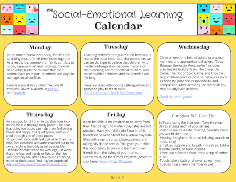 Social Emotional Learning Calendar - Week 2