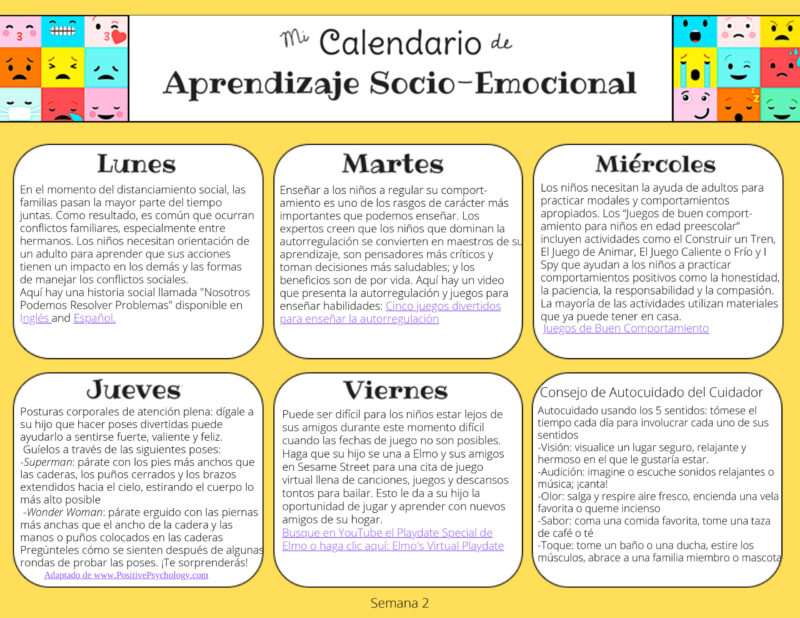 Social Emotional Learning Calendar Week 2 - Spanish