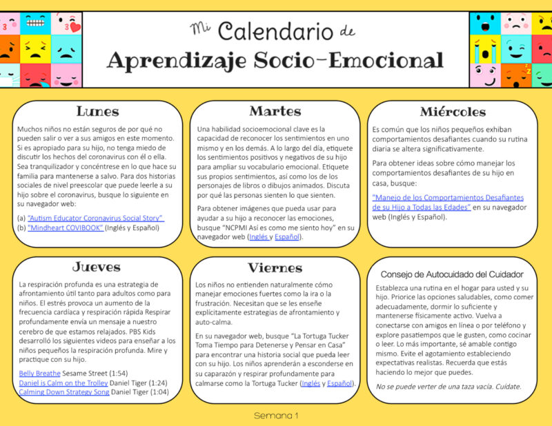 Screen capture of Week 1 of the Social Emotional Learning Calendar in Spanish