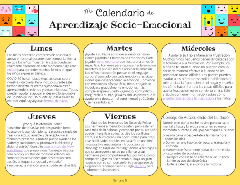 The Social-Emotional Learning Calendar Week 5 Screenshot - Spanish