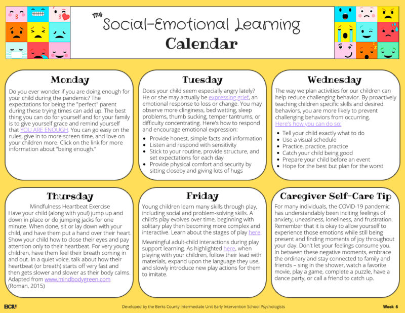 Screenshot of the Social Emotional Learning Calendar Week 6