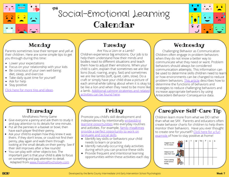 Screenshot of Week 7 of the Social-Emotional Learning Calendar