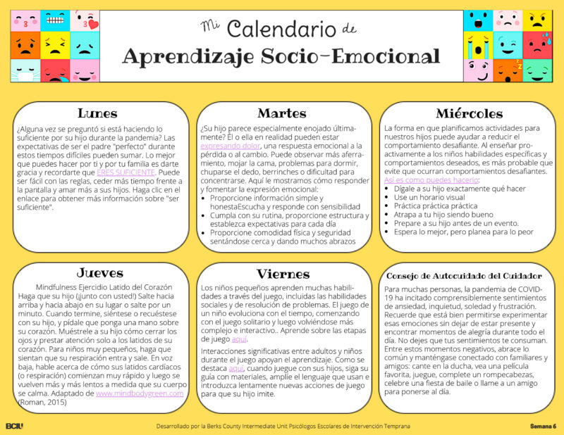 Screenshot of the Social Emotional Learning Calendar, Week 6 Spanish Version