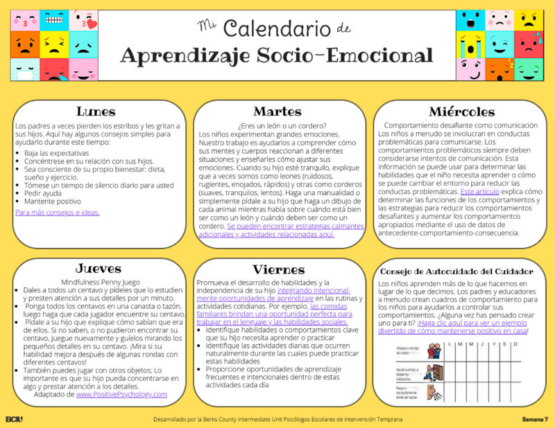 Screenshot of Week 7 of the Social-Emotional Learning Calendar in Spanish
