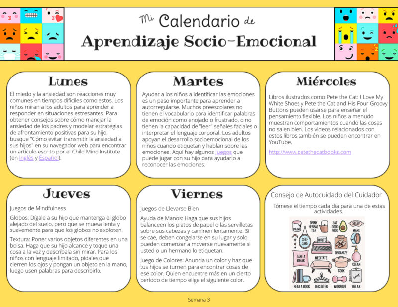 Social-Emotional Learning Calendar Week 3 Thumbnail - Spanish