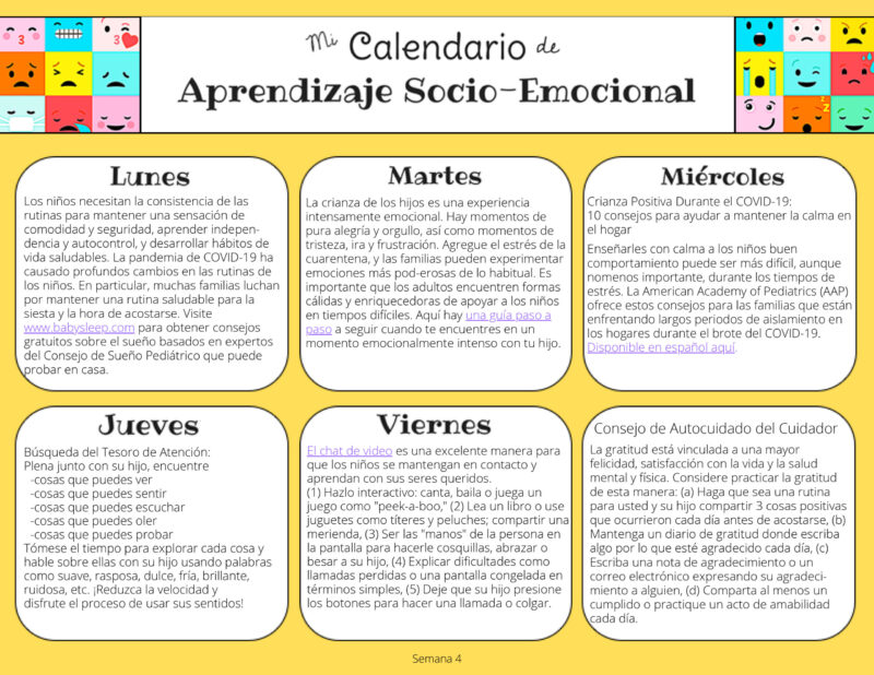 Screenshot of the Social Emotional Learning Calendar Week 4 - Spanish Version