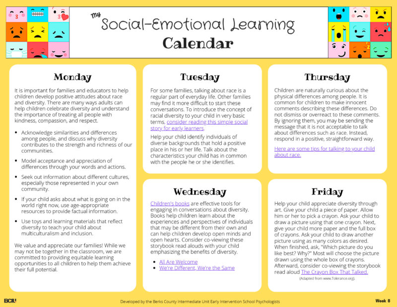 Screenshot of Week 8 of the Social-Emotional Learning Calendar