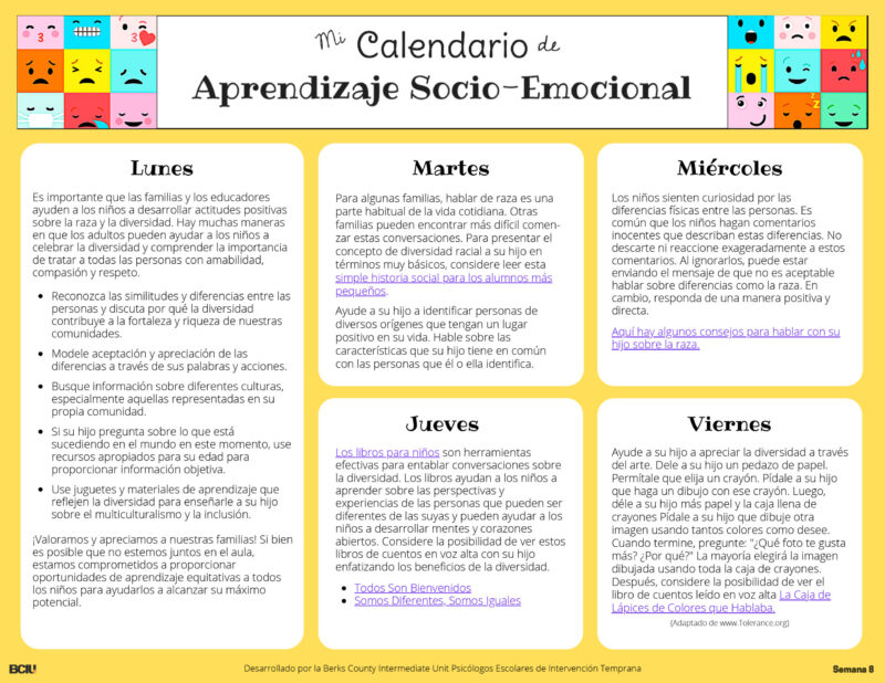 Screenshot of Week 8 of the Social-Emotional Learning Calendar in Spanish