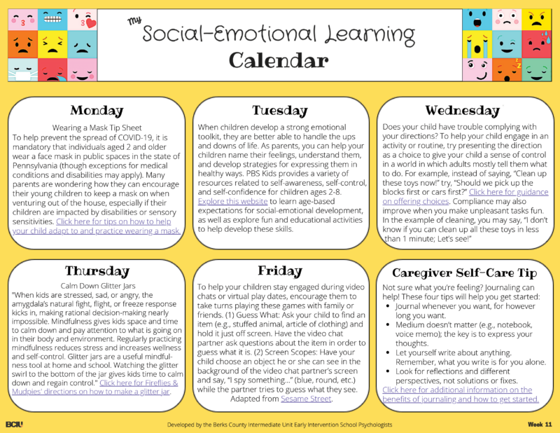 Screenshot of Week 11 of the Social Emotional Learning Calendar