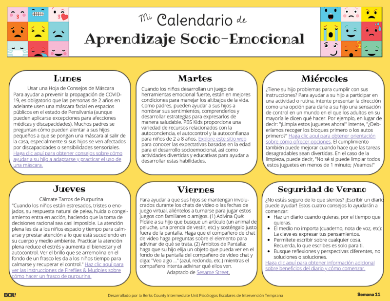 Screenshot of Week 11 of the Social Emotional Learning Calendar in Spanish