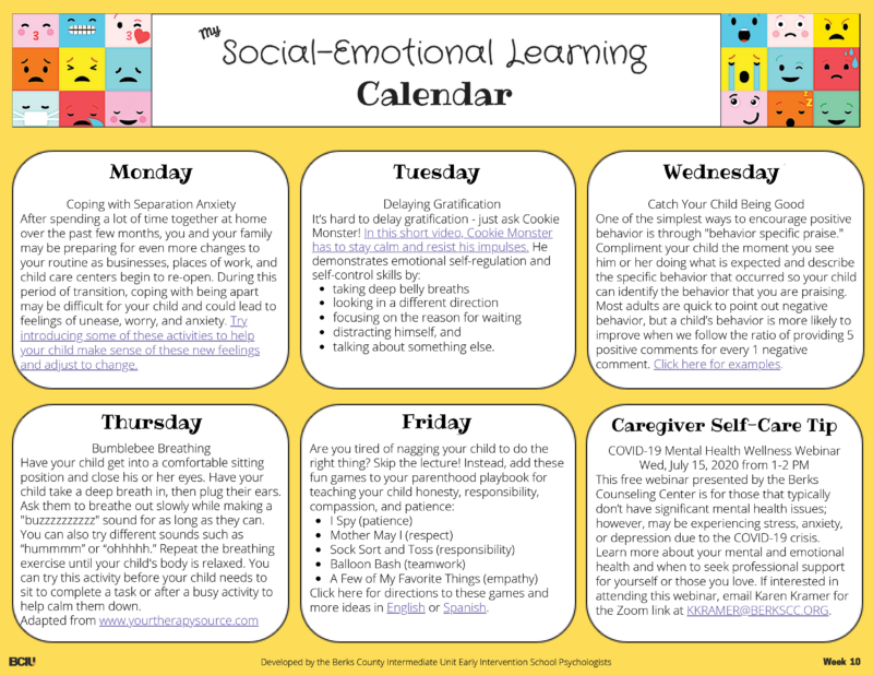 Screenshot of Week 10 of the Social Emotional Learning Calendar