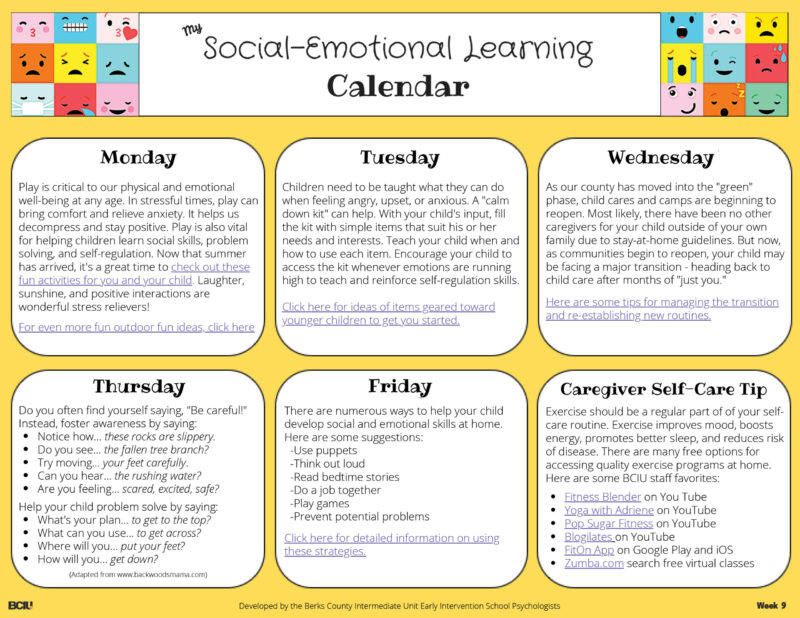 Screenshot of the Social-Emotional Learning Calendar Week 9