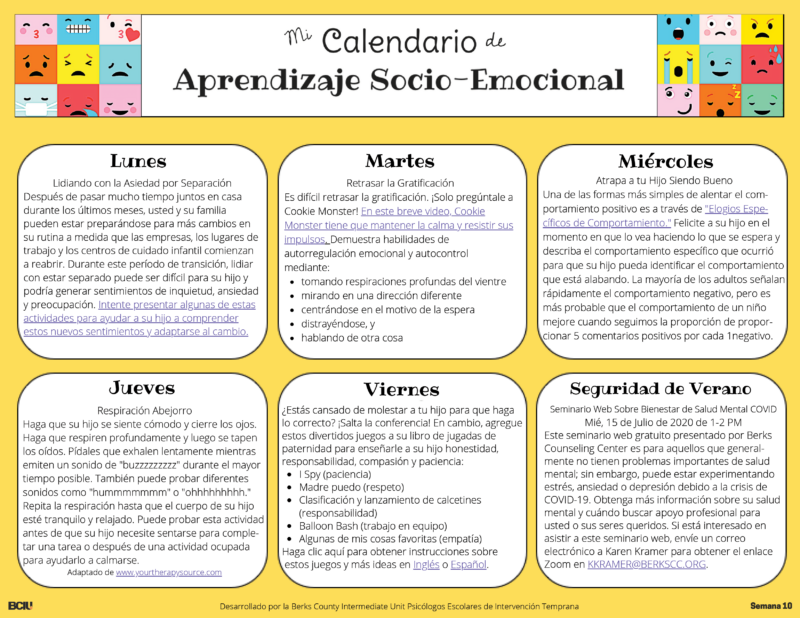 Screenshot of Week 10 of the Social Emotional Learning Calendar in Spanish