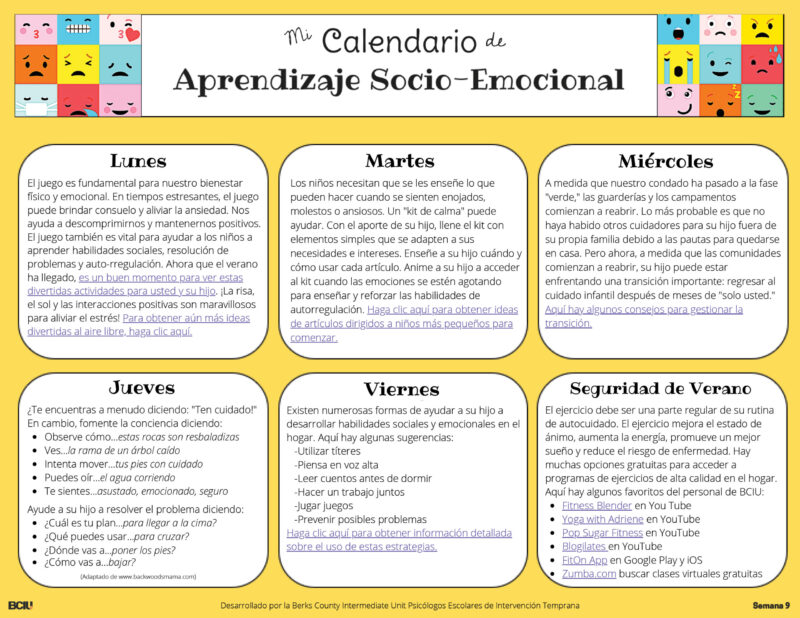 Screenshot of the Social-Emotional Learning Calendar Week 9 in Spanish