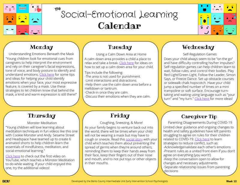Screenshot of Week 12 of the Social Emotional Learning Calendar