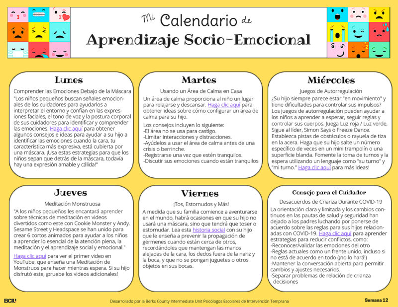 Screenshot of Week 12 of the Social Emotional Learning Calendar in Spanish