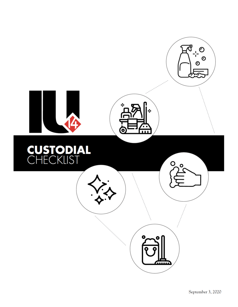 Screenshot of a cover page that says IU14 Custodial checklist with icons of cleaning supplies and hand washing