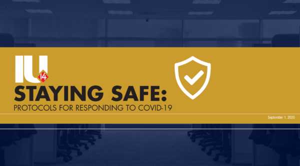 Slideshow cover that says "IU14 Staying Safe: Protocols for Responding to COVID-19"