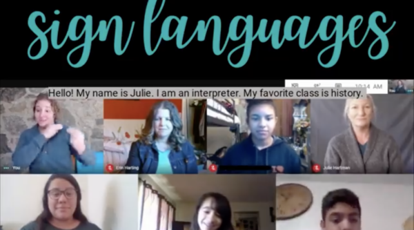 Screenshot of seven people - a mix of adults and teenagers on a video conference with the words "international day of sign languages" above them.