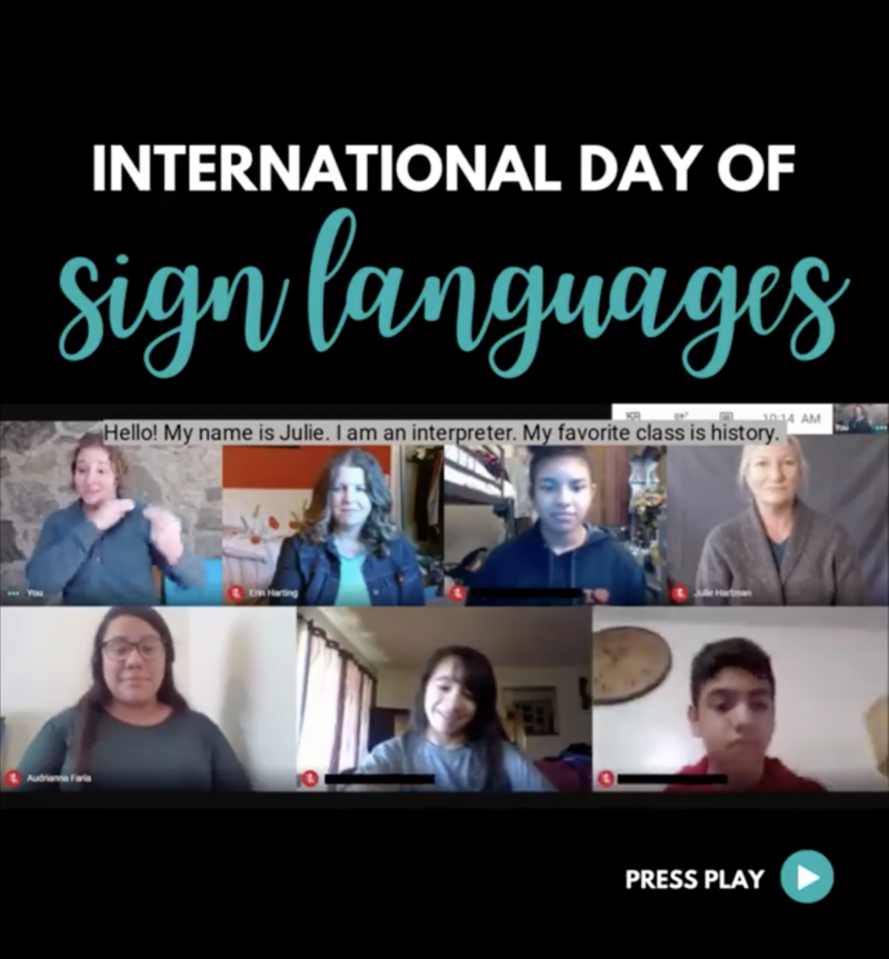 Screenshot of seven people - a mix of adults and teenagers on a video conference with the words "international day of sign languages" above them.