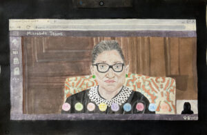 Artwork on canvas depicting Ruth Bader Ginsburg on a Microsoft Teams call with the Supreme Court.