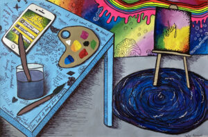 Colorful illustration of an artist's studio with a cellphone sitting on a table next to an artist's palette.