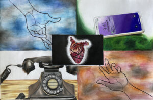 Four paneled drawing showing various forms of communication with a human heart in the center